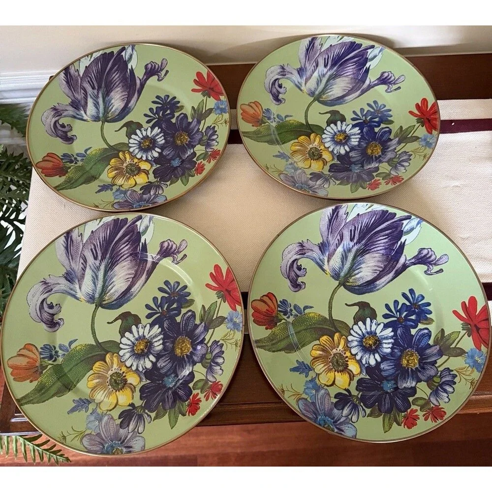 MacKenzie-Childs Green Flower Market Dinner Plate Set of 4 New In Box